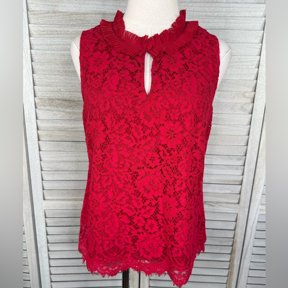 J. CREW Women's Red Lace Ruffle Neck Sleeveless Blouse-Small